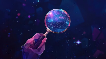 Cosmic Exploration Hand holds magnifying glass revealing nebula, low-poly style, space background