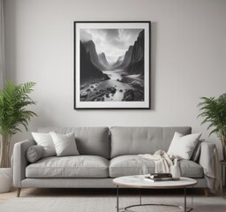 Grey couch, white wall, framed posters, stylish pillows,  interior design,  design
