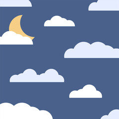 Night sky with crescent moon and clouds background template. Natural, weather, sweet dream concepts. Flat decorative vector design isolated illustration.