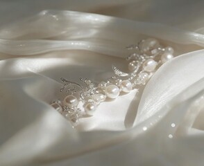 Delicate Pearl Jewelry on White Fabric - High-Resolution Close-Up with Soft Lighting and Gentle Shadows"