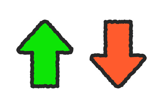 Hand drawn cute green upward and red downward arrow set. Direction, pointer, fail, success, growth concepts. Outlined decorative vector design isolated illustration.