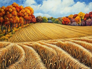 Serene Autumn Landscape with Golden Corn and Wheat Fields, Vibrant Fall Trees, and a Focused Foreground Face
