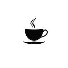 Simple teacup logo a black, solid silhouette vector icon of a teacup and steam, isolated and centrally placed on a white background. Geometric, symmetrical design with clean lines