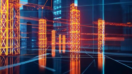 Futuristic city construction, vibrant orange scaffolding, urban background, digital art - Powered by Adobe
