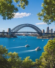 Fototapeta premium Beautiful daytime view of the Sydney Harbour Bridge, with boats on the sparkling water and the city skyline in the background, representing iconic Australian landmarks and vibrant city life