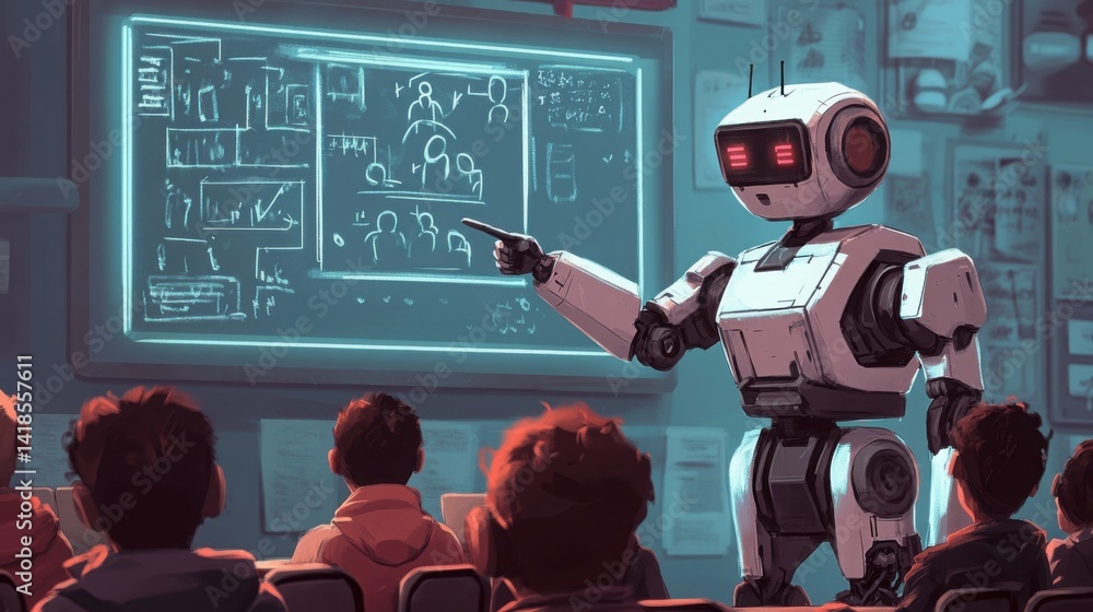 Poster a humanoid robot teacher pointing at a digital blackboard in front of a classroom filled with curiou