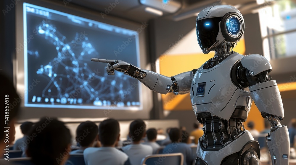 Poster a humanoid robot teacher pointing at a digital blackboard in front of a classroom filled with curiou