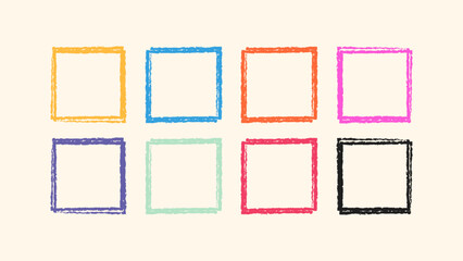 Grunge scribble square vector border. Handcrafted crayon rough line box. Pastel kids sketchy stroke effect. Doodle hand drawn square pack. Vector illustration