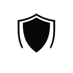 Solid black shield logo, vector style, centrally positioned on a white background. Geometric shapes, clean lines, symmetrical design. Flat, minimalist style