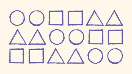 Hand drawn triangle, circle and square scribbles. Rough pastel crayon stroke frames. Kids style doodle texture elements. Grunge colored shape collection. Vector artwork