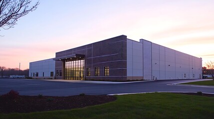 Obraz premium Modern Building Exterior at Sunset with Calm Sky and Green Grass