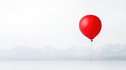 Fototapeta premium Single red balloon floats over a misty lake
