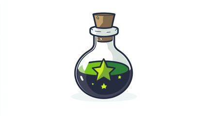 Magical green potion bottle; stars; fantasy; white background; game design