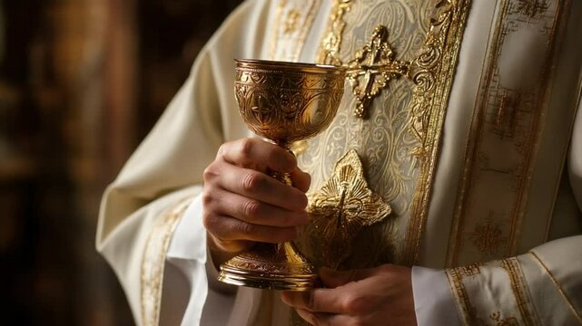 Priest Holding Chalice: A priest's hands gently hold a golden chalice, a symbol of faith and religious ceremony, against the backdrop of a dimly lit church interior.