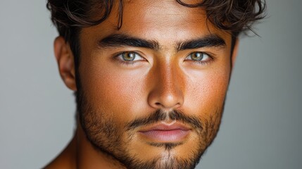 Obraz premium Close-up portrait of a tanned man with dark hair and green eyes