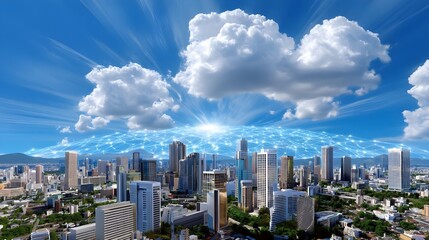 Obraz premium Smart City Network, Aerial View, Technology - Smart city concepts