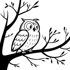 Black and white line art of a cute owl perched on a tree branch. Great for coloring books, kids’ learning materials, and nature-themed designs.