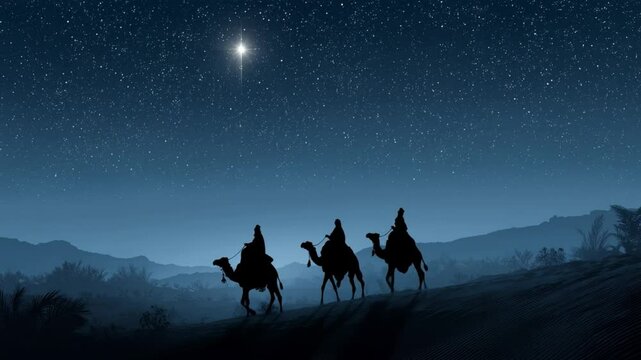 Starry Night Pilgrimage: Silhouette figures riding camels journey across a starlit desert landscape.