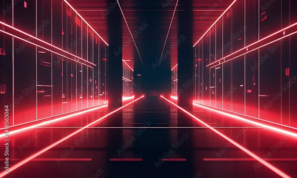 Poster red neon lights glowing in the dark, empty room. an abstract background with square lines and lines 