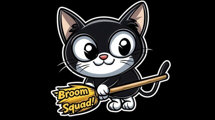 Obraz premium Cute Cartoon Cat Holding Broom with Cheerful Smile