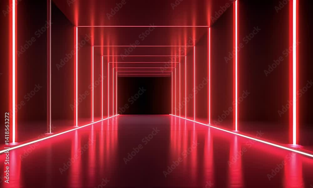 Poster red neon lights glowing in the dark, empty room. an abstract background with square lines and lines 