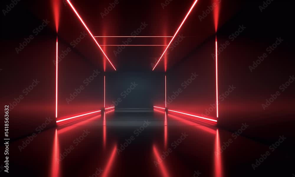 Poster red neon lights glowing in the dark, empty room. an abstract background with square lines and lines 