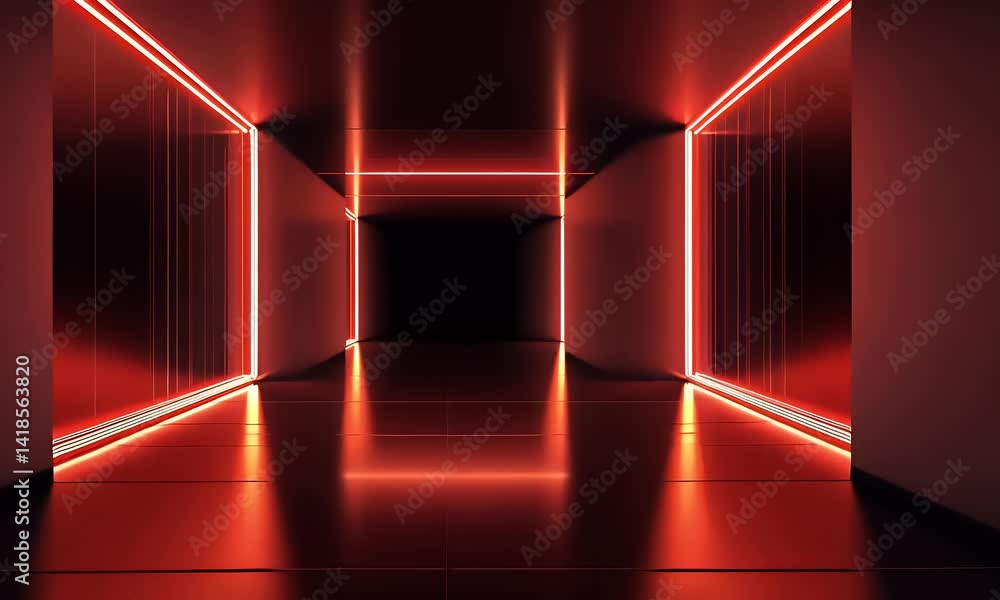 Poster red neon lights glowing in the dark, empty room. an abstract background with square lines and lines 