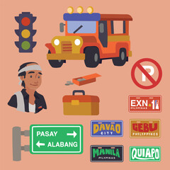 Classic Filipino Jeepney Icons - Driver, Road Signs, and Retro Accessories Vector Art - Driver, Vintage Tin Plates, Traffic Signs, Coin Box, Tool Kit