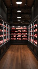 A premium butcher shop with neatly displayed cuts of meat, showcasing a variety of beef, pork, and lamb, set in an elegant, high-end retail environment.

