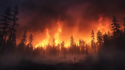 Obraz premium Forest fire, intense flames, smoky, dark trees.