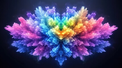 Vibrant, symmetrical, abstract explosion of color.  A kaleidoscopic display of  vibrant hues radiating outward from a central point.  Detailed,  dynamic, and textured,