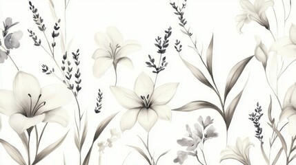 Fototapeta premium Monochrome floral illustration, lilies, delicate brushstrokes.