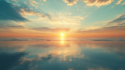 Ocean sunset reflection, calm waves, colorful sky, peaceful scene, travel poster