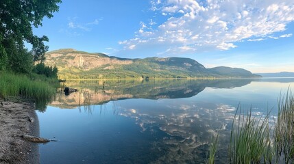 Fototapeta premium Serene lake reflects mountains, sky, clouds.
