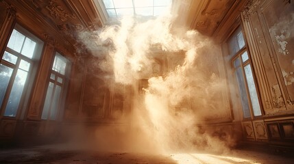 Wide-angle shot of a forgotten palace where time has stopped, dust particles frozen midair, sunlight never moving. Cinematic surreal time stasis
