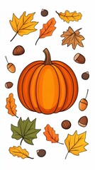 Autumn pumpkin, leaves, acorns: fall harvest scene.