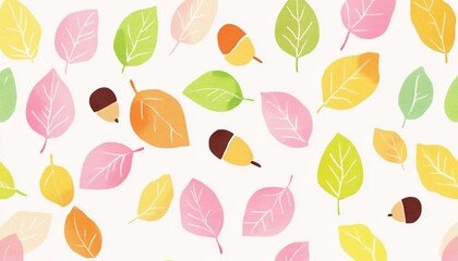 Pastel-toned illustration pattern of leaves and acorns in pink, green, yellow, and orange colors on white background, cute and simple nature design, seamless autumn elements
