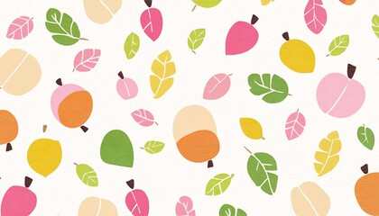 Pastel-toned illustration pattern of leaves and acorns in pink, green, yellow, and orange colors on white background, cute and simple nature design, seamless autumn elements