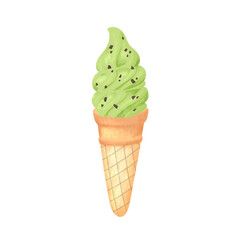 ice cream cone matcha with chocolate blast drawing illustration. Ice cream cone isolated drawing cartoon illustration. Hand drawn ice cream cone