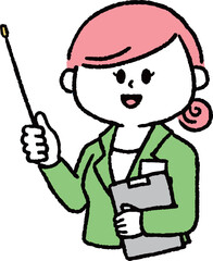 ファイルを持ち説明しているスーツの女性