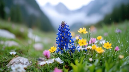 Obraz premium Bluebonnet Wildflowers Yellow Daisies Lush Alpine Meadow Sharp Focus Shallow Depth Portrait Close Up Vibrant Dewdrops Blooming Spring Mountain Range Soft Focus Pastel Nature Photography