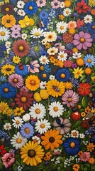 Obraz premium Vibrant wildflowers, insects, lush green foliage.