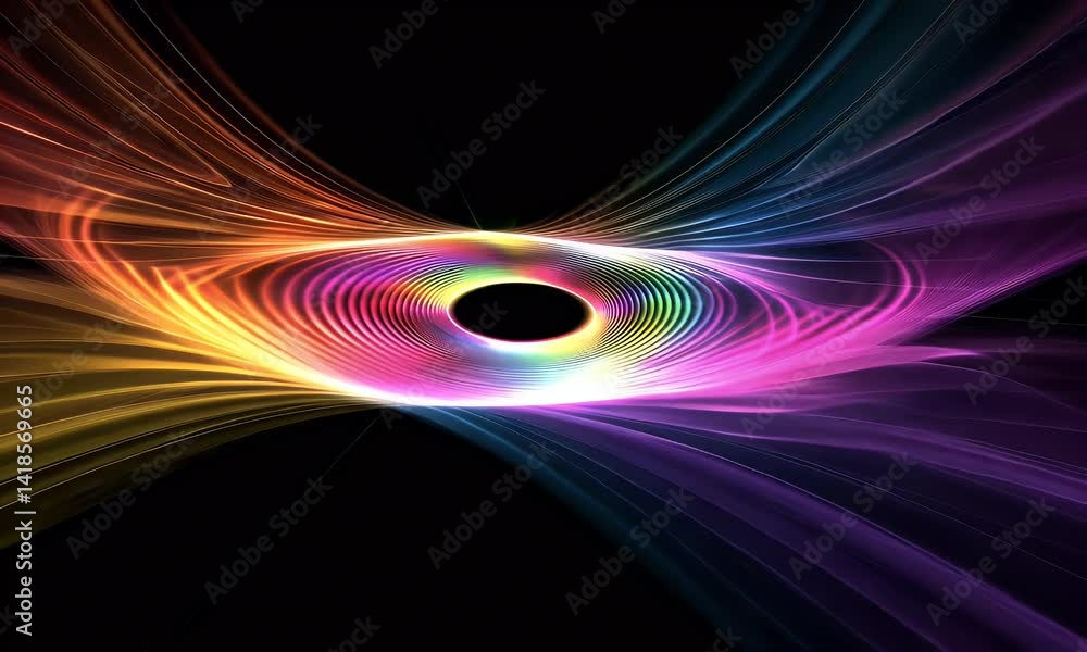 Poster black background with colorful rays of light coming out from the center, forming an abstract tunnel 