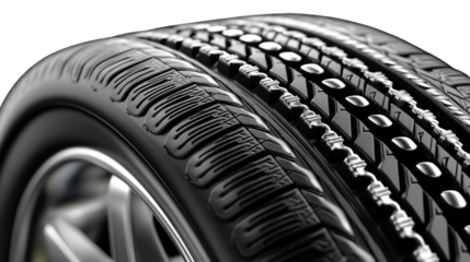 Close-up of a new black car tire with tread pattern on white background