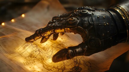 Extreme close-up of a pirate captain s mechanical hand gripping a glowing treasure map, coordinates shifting on the paper. Cinematic high-seas cyber-mystery