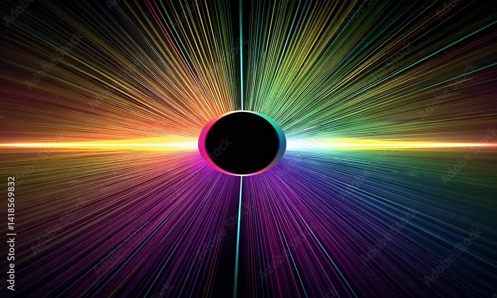 Poster black background with colorful rays of light coming out from the center, forming an abstract tunnel 