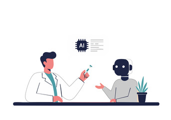 A doctor consults with an AI robot. The doctor holds a syringe, while the robot displays AI code. Clean, modern design for healthcare and technology concepts.