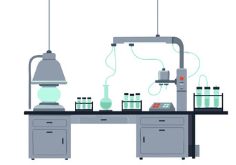 A detailed illustration of a laboratory setup. Beakers, flasks, and equipment are neatly arranged on a dark countertop. Ideal for science, research, or education concepts.