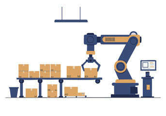 A robotic arm efficiently picks boxes from a conveyor belt in a modern factory setting. Illustrates automation, logistics, and industrial processes.