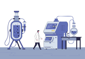 Scientist examines lab equipment. Modern lab setting with distillation apparatus and control panel. Clean, professional, and detailed illustration for science and technology concepts.
